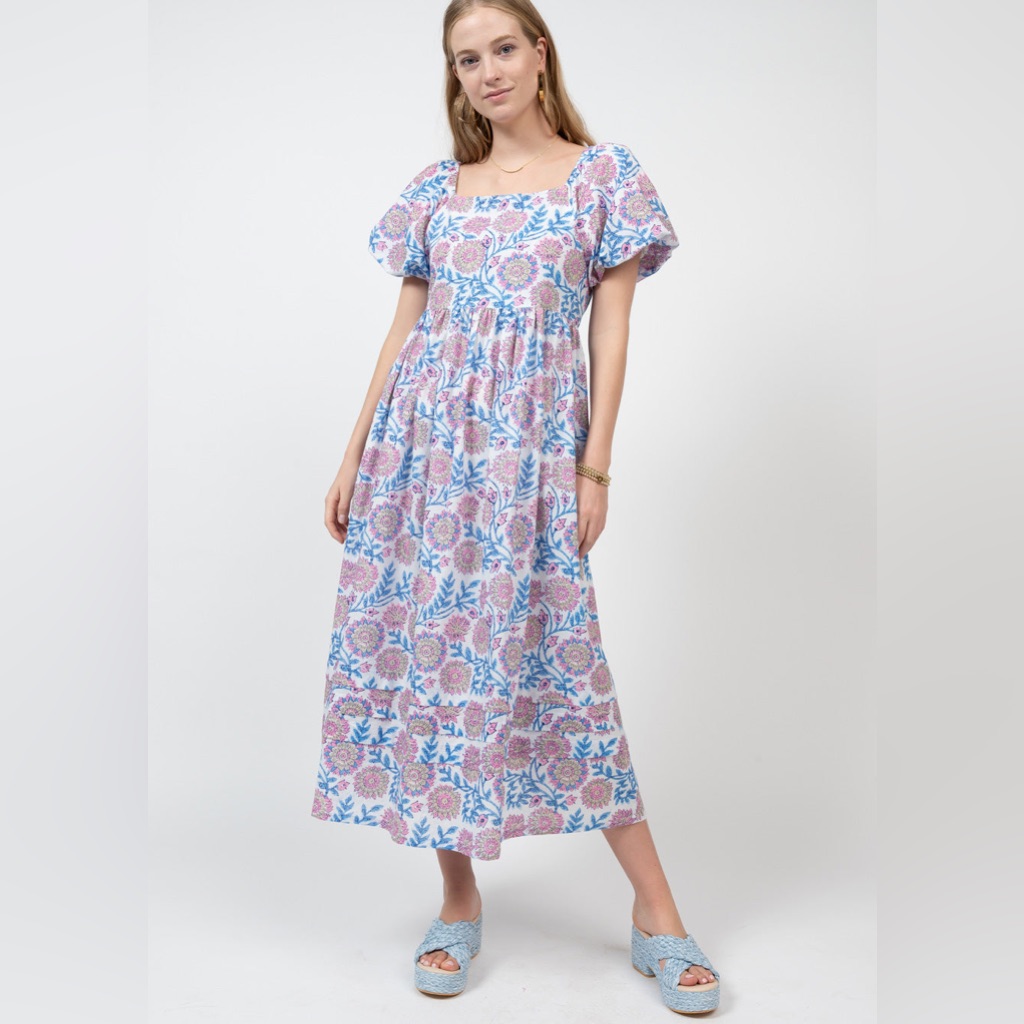 Uncle Frank Pouf Sleeve Midi Dress Floral Print Cotton A-Line Square Neck Size S
